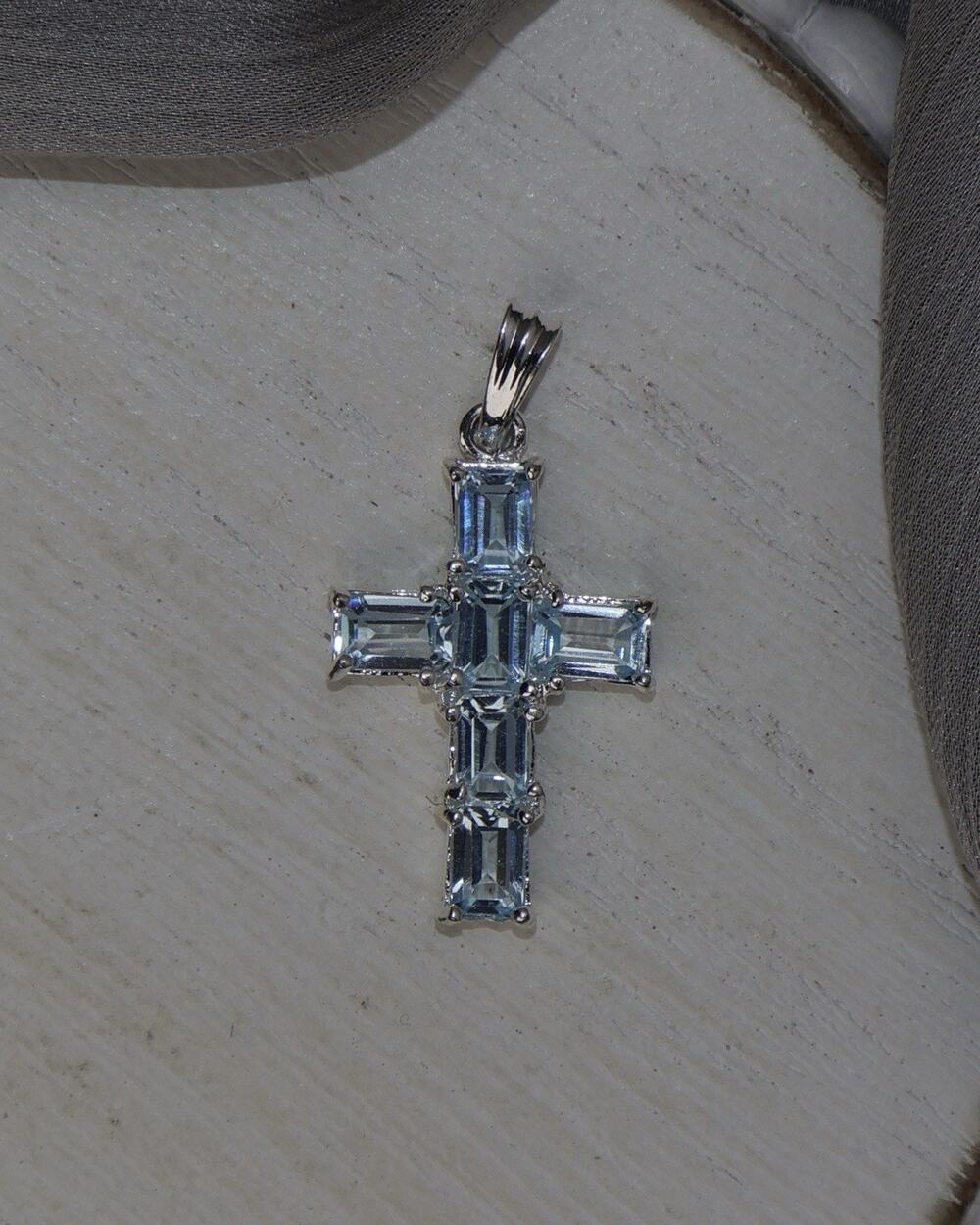 Sterling Silver and Baguette Cut Aquamarine Cross Pendant 2.83G / 1.3in